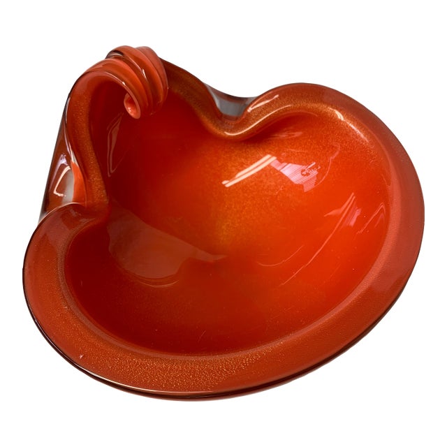Vintage 1950s Alfredo Barbini Murano Glass Bowl Vibrant Orange With Gold Flecks - 3 LBS For Sale