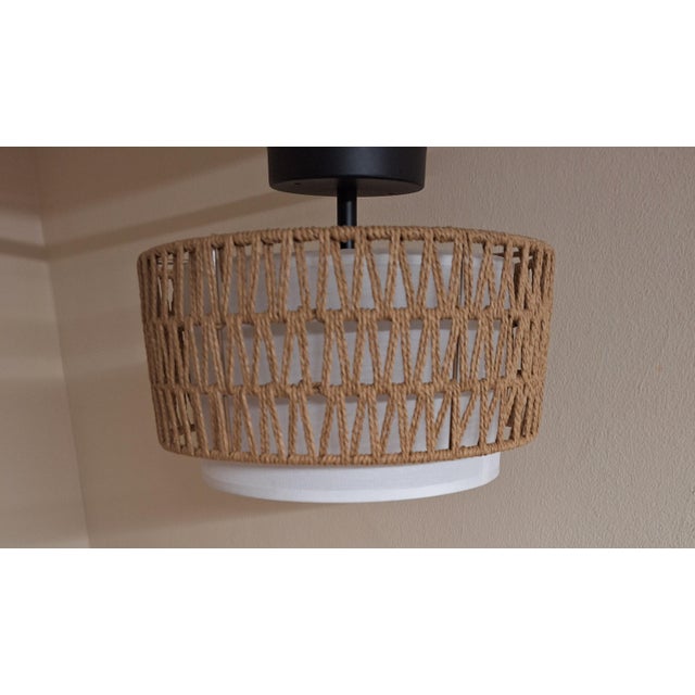 Vintage Ceiling Lamp with White Fabric Shade and Plastic Diffuser and Light Brown Sisal Overshade, in Very Good...