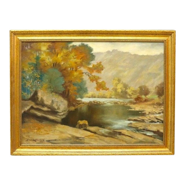 Hudson River School Oil on Canvas Painting of a River Scene by A. Hirshing C1935 For Sale