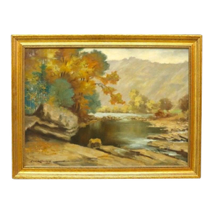 Hudson River School Oil on Canvas Painting of a River Scene by A. Hirshing C1935