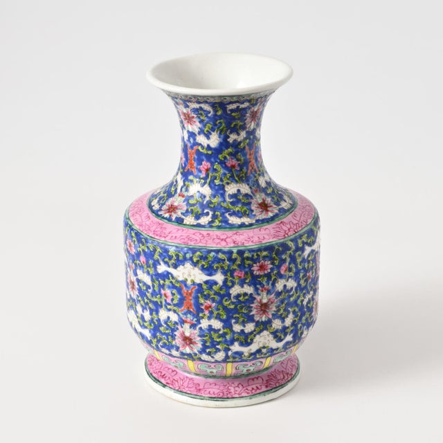 Ceramic Hand-Painted Blue Ground Chinese Porcelain Vase, 1920s For Sale - Image 7 of 8