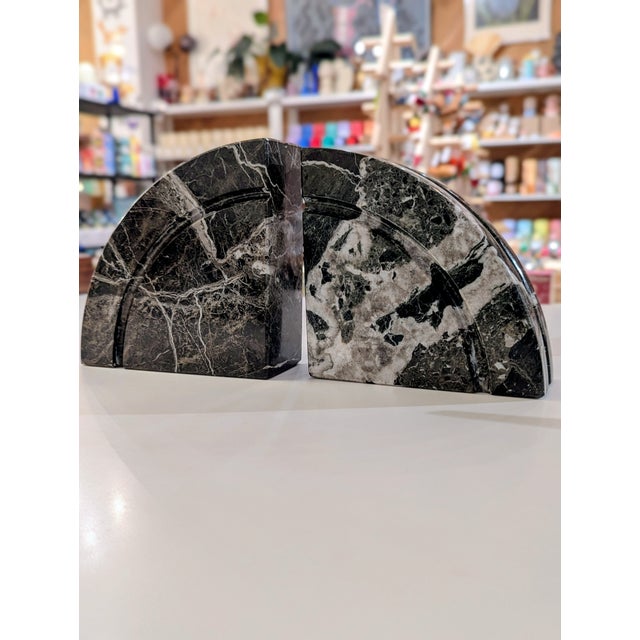 Postmodern 1980s Italian Postmodern Black Marble Semi-Circle Bookends For Sale - Image 3 of 7