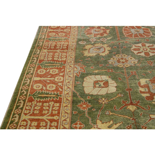 Modern Turkish Oushak Handmade Floral Motif Green Wool Rug For Sale - Image 4 of 10