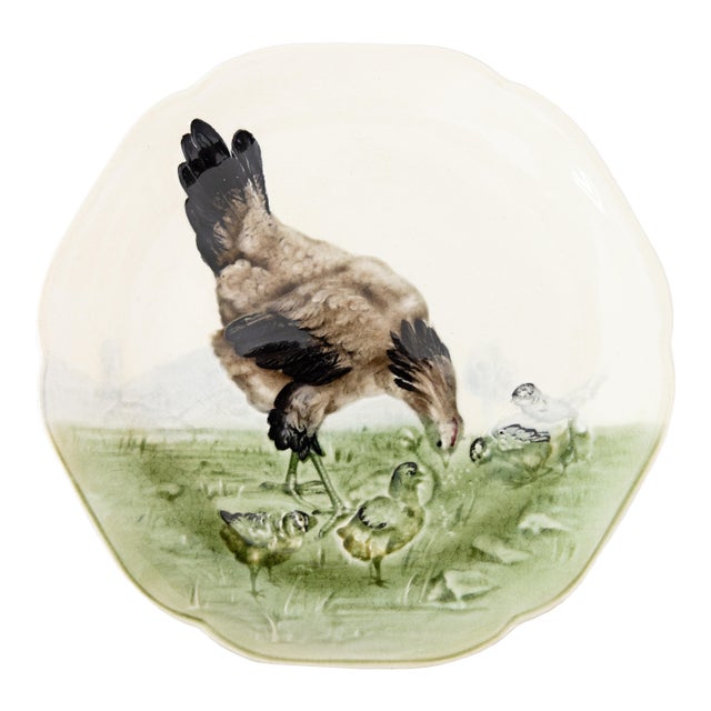 19th Century French Choisy Le Roi Majolica Hen & Chicks Plate For Sale