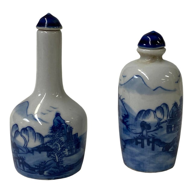2 X Chinese Porcelain Snuff Bottle Blue White Scenery Graphic For Sale