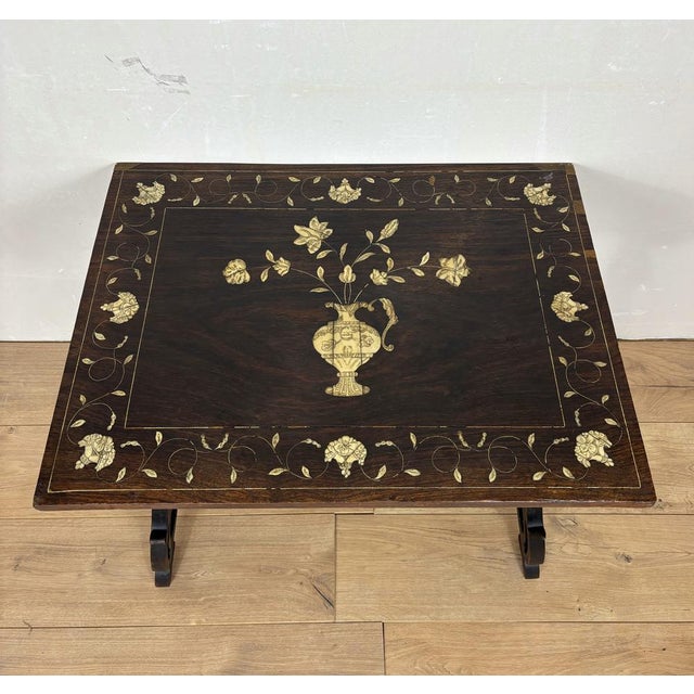 Spanish Baroque Style Side Table with Floral Marquetry Top and Ebonized Base, 1930 For Sale - Image 12 of 15