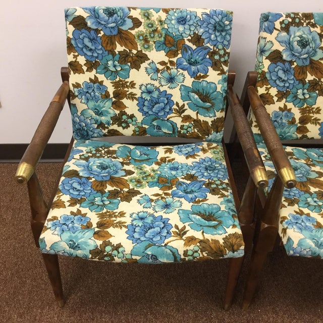 Mid Century Modern Blue Floral Print Accent Chairs a Pair Chairish