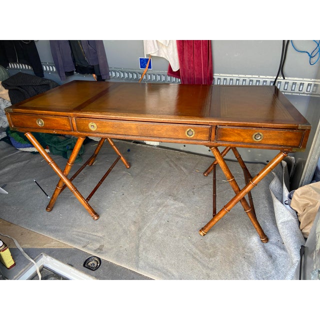 Vintage Campaign Distressed Leather Top Bamboo Executive Desk by Drexel Heritage For Sale - Image 16 of 18