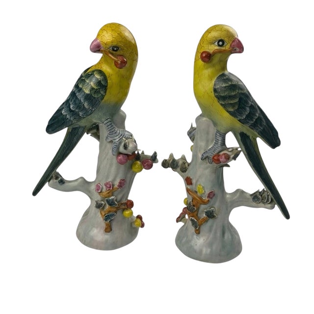 1970s 1970s Chinese Export Porcelain Parrots With Applied Fruit and Blossoms – A Pair For Sale - Image 5 of 15