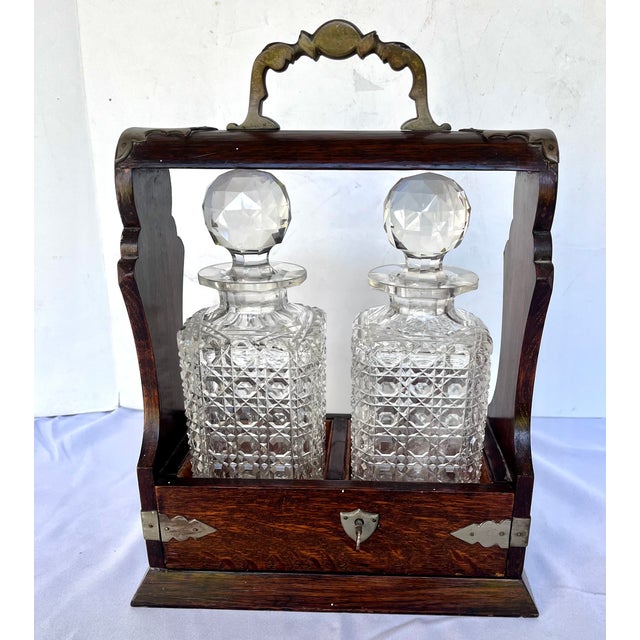 Antique Late 1800s English Oak Two Decanter Tantalus with Key - 4 pcs For Sale - Image 10 of 12