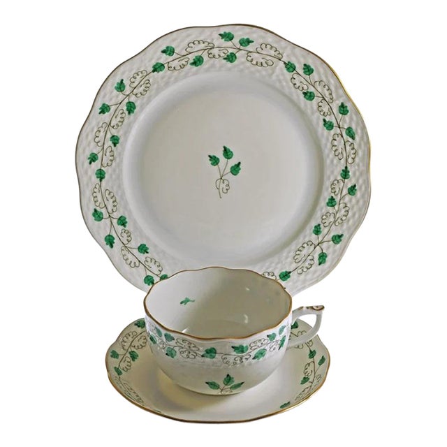 Late 20th Century Herend Porcelain Sabina Vert SABV Cup Saucer Plate Set- 3 Pieces For Sale