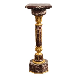 French Neoclassical Marble Pedestal – Brown & Black Marble With Gold Leaf and Bronze Details For Sale