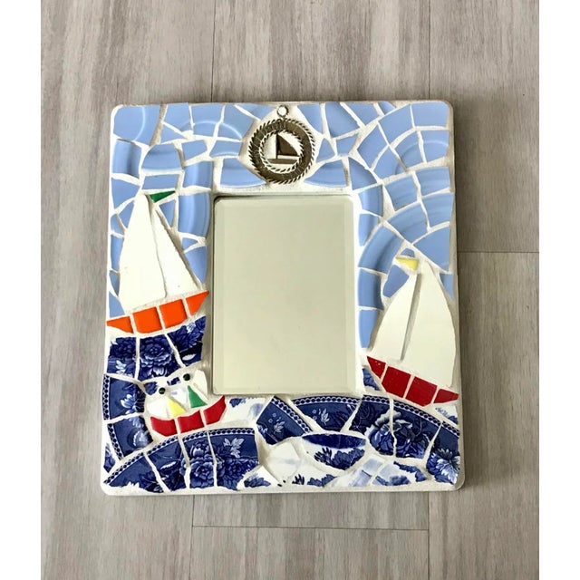 Late 20th Century Nautical Mosaic Small Sailboats Wall Mirror - Artist Signed For Sale - Image 5 of 5