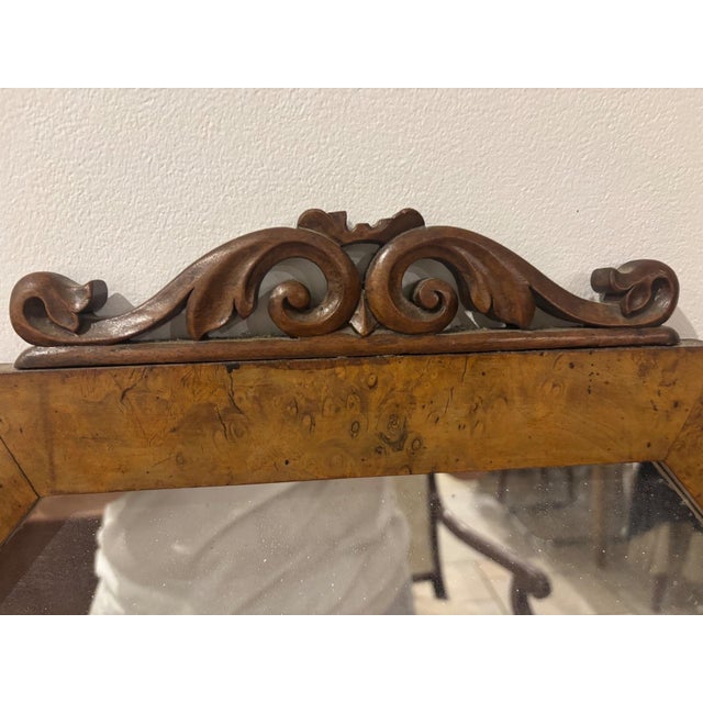 Antique Octagonal Mirror in Burl Wood with Carved Scroll Pediment, 1890s For Sale - Image 4 of 8