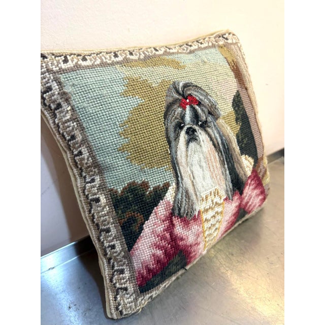 Boho Chic Shih Tzu Needlepoint Velvet Back Pillow For Sale - Image 3 of 3