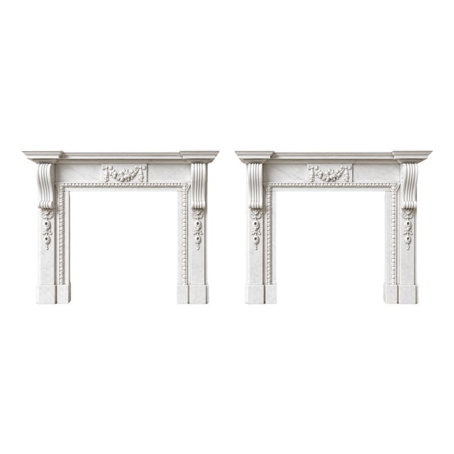 Large Antique Edwardian Carved White Marble Fireplaces, 1901, Set of 2 For Sale