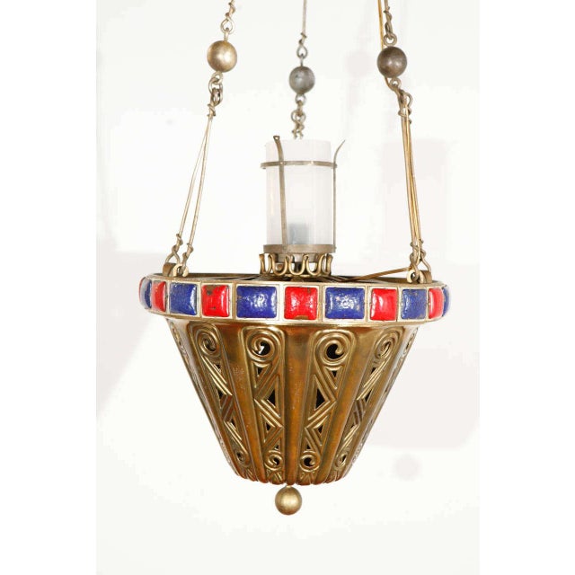 American brass fixture with enameled details; newly wired for a standard bulb.