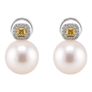 18k South Sea Pearl & Yellow DIamond Earrings, A Pair For Sale