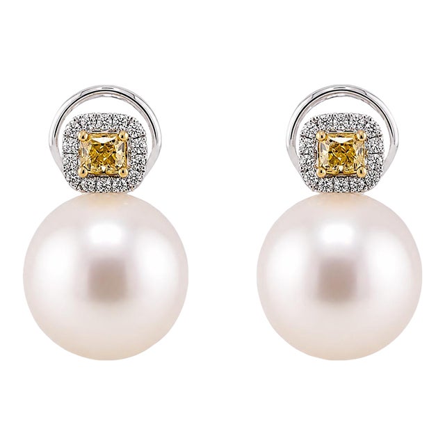 18k South Sea Pearl & Yellow DIamond Earrings, A Pair For Sale