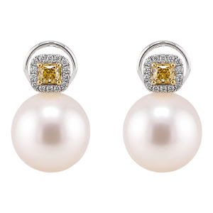 18k South Sea Pearl & Yellow DIamond Earrings, A Pair