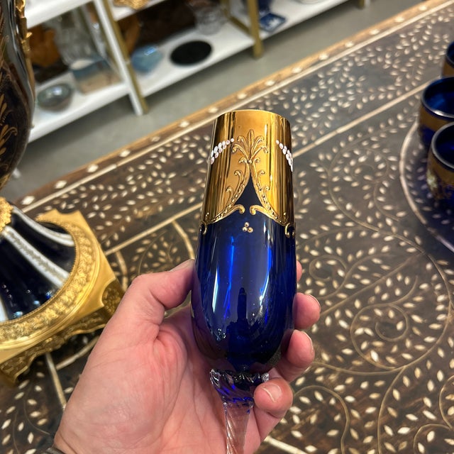 Bohemia Madesk Bohemia Cobalt With Applied Gold Hand Made Drinking/ Cocktail Glasses 31 Pieces For Sale - Image 4 of 12