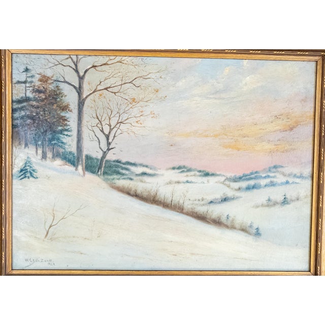 We are selling this nice American school Luminist winter landscape. This oil painting is executed on academy board we...