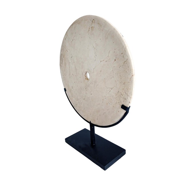Hand-Carved Indonesian 16-Inch Marble Disk on Metal Stand, Modern Design For Sale - Image 4 of 16