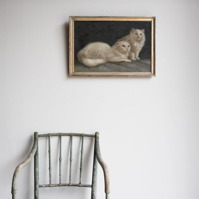 Portrait of a Pair of White Cats, Antique Original Oil Painting, Attributed to Arthur Heyer, Late 19th/Early 20th C. For Sale - Image 10 of 11