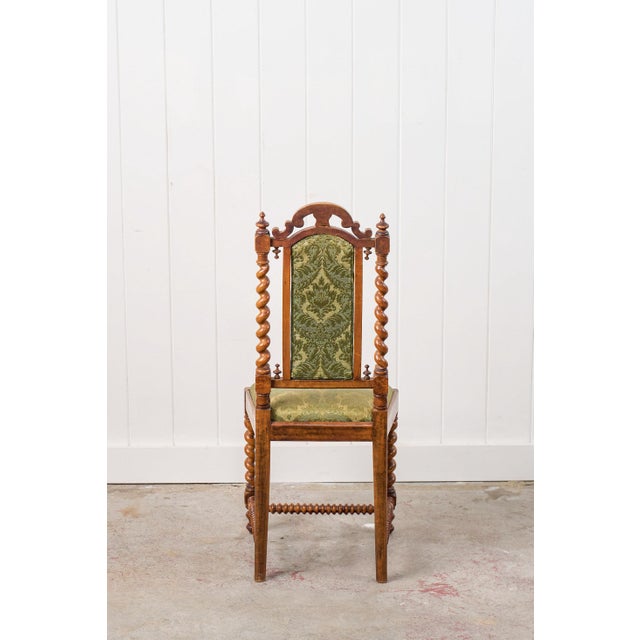 Victorian Late 19th Century Victorian Walnut Barley Twist Chair With Green Damask Upholstery For Sale - Image 3 of 10