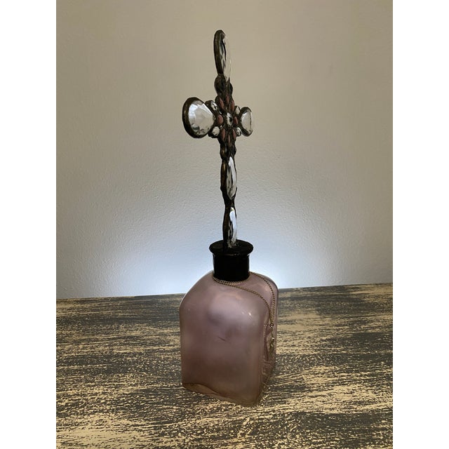 Early 21st Century Handmade Crystal Cross Assemblage Sculpture on Pink Glass Bottle For Sale - Image 5 of 7