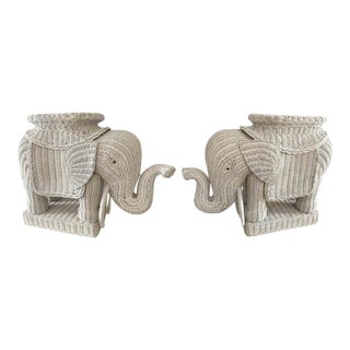 Vintage 1980's White Wicker Elephant Tables - a Pair For Sale