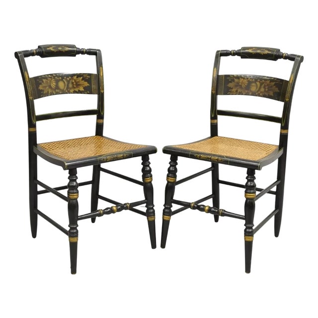 Mid 20th Century Vintage L. Hitchcock Black Stencil Harvest Decorated Cane Side Chair - a Pair For Sale