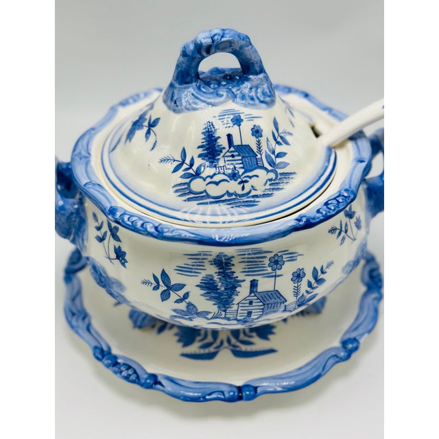 English Vintage Blue and White Soup Tureen With Charger Plate For Sale - Image 3 of 5