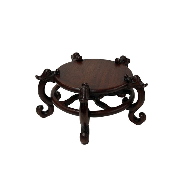 Asian 4.75" Dark Brown Round Top 5 Curved Legs Wood Display Stand Riser Easel For Sale - Image 3 of 6