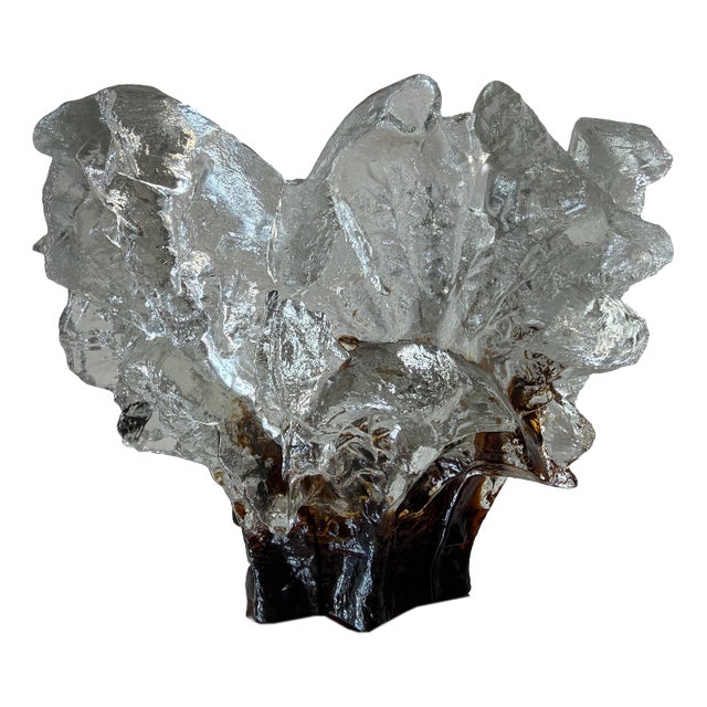 Amber and Clear Ice Glass Vase with Torn Crown Rim by Pertti Santalahti for Humppila, Finland, 1970s For Sale