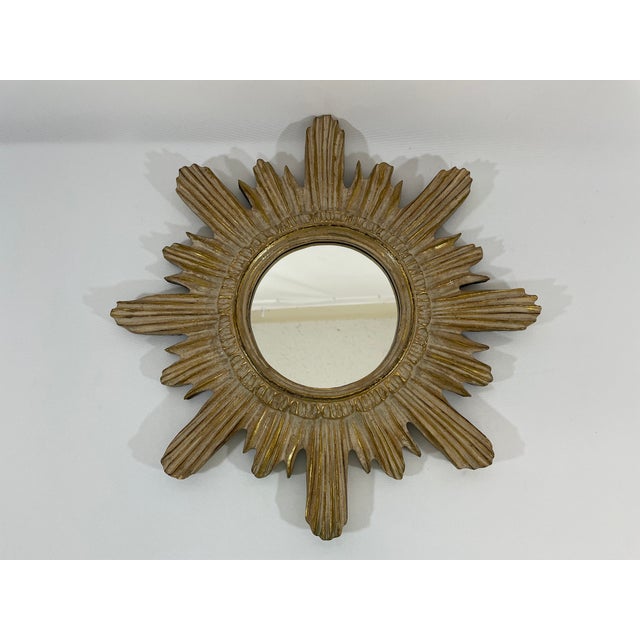 Mid-Century Modern Vintage Mid Century 16.5" Creamy Giltwood Sunburst Wall Mirror For Sale - Image 3 of 18