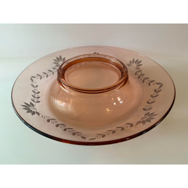 Glass Vintage Pink Depression Glass Centerpiece Bowl With Etched Floral Motif & Matching Candlesticks – 3-Piece Set For Sale - Image 7 of 11