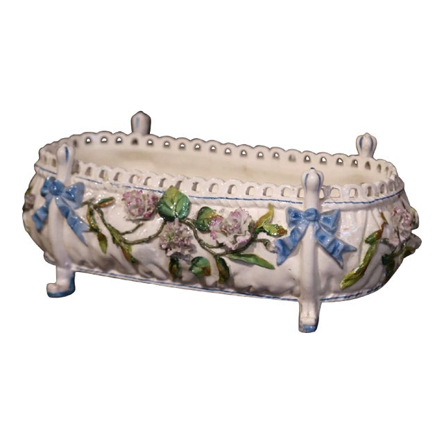 19th Century French Painted Porcelain Barbotine Jardiniere With Floral Motifs For Sale