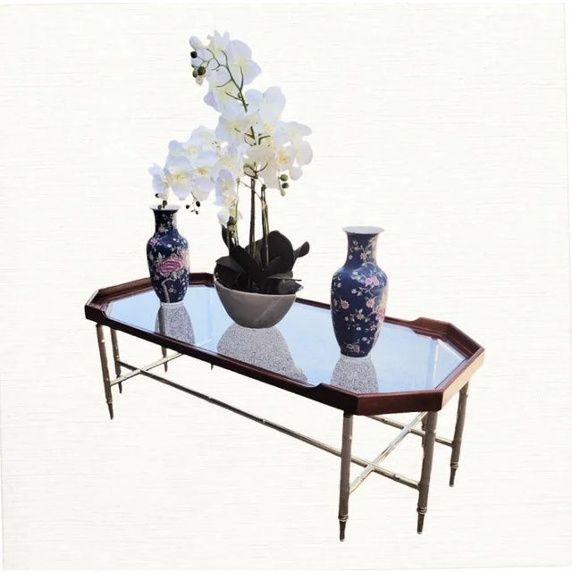 Stanley Furniture Vintage Rectangular Wood, Glass Brass Faux Bamboo Regency Style Coffee Table For Sale - Image 4 of 11