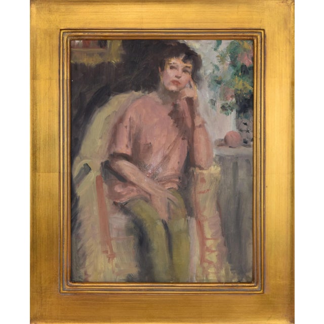 Traditional Vintage American Impressionist Portrait Oil Painting of a Woman by Harry Barton For Sale - Image 3 of 7