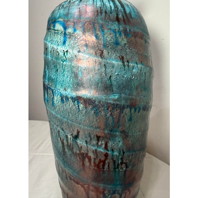 Green Vintage Large Tall Signed Tom Neugebauer Blue Green Raku Blackware Pottery Vase For Sale - Image 8 of 13
