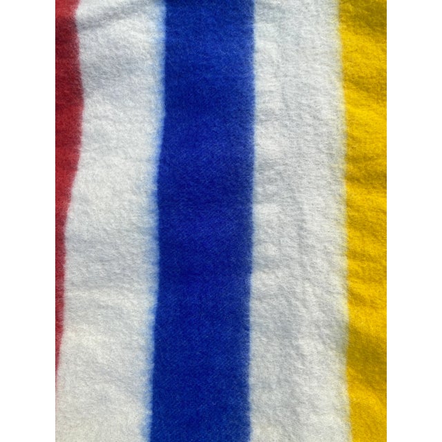 Vintage Hudson Bay Style Midcentury White With Red, Blue, and Yellow Striped Wool Blanket For Sale In West Palm - Image 6 of 10