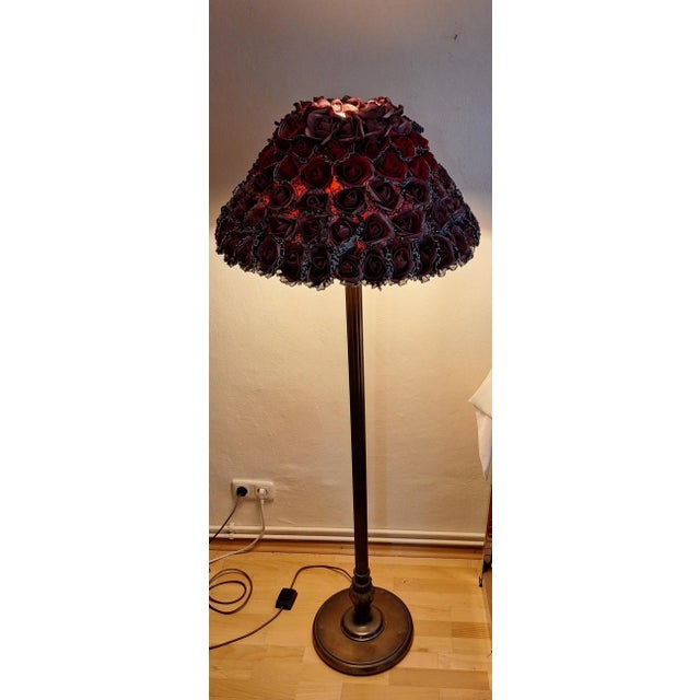 German Art Deco Floor Lamp with Patinated Brass Base and Handmade Flower Shade, 1930s For Sale - Image 3 of 13