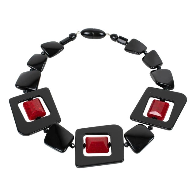 Angela Caputi Red and Black Resin Beaded Choker Necklace For Sale