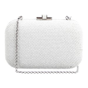 Judith Leiber Slide Lock White Chald Silver Crystal Minaudiere Evening Shoulder Bag Clutch