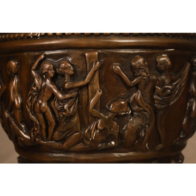 Brown Neoclassical Style Large Pair Of Cast Bronze Covered Urns With Figural Relief For Sale - Image 8 of 18