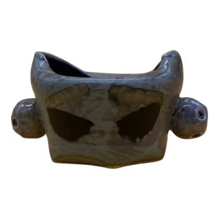 Vintage Zoomorphic Studio Pottery Vessel With Bull Head Handles, Signed For Sale