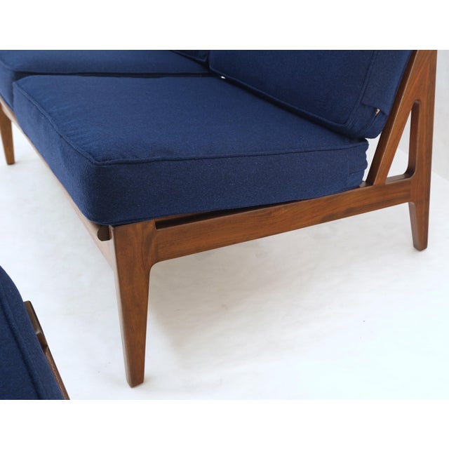 Danish Mid-Century Modern New Upholstery Walnut Frames Sofa & Chair Set Mint! For Sale - Image 13 of 15