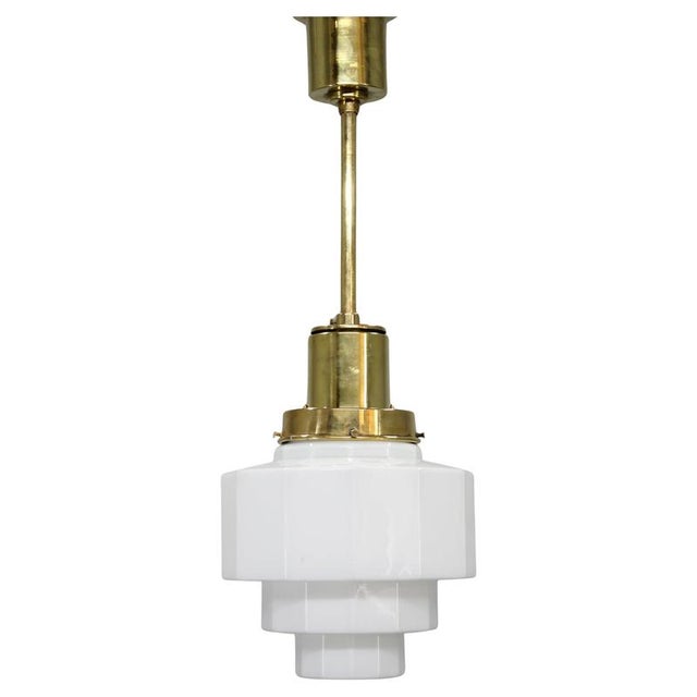 Art Deco Brass and Opaline Glass Pendant, Czechoslovakia, 1930s For Sale - Image 11 of 11