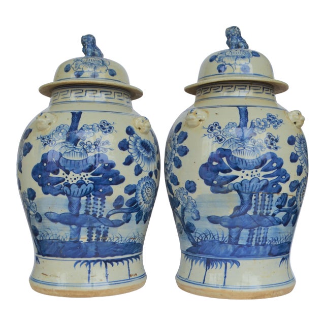 Chinoiserie White & Blue Floral Baluster Ginger Jars - a Pair For Sale